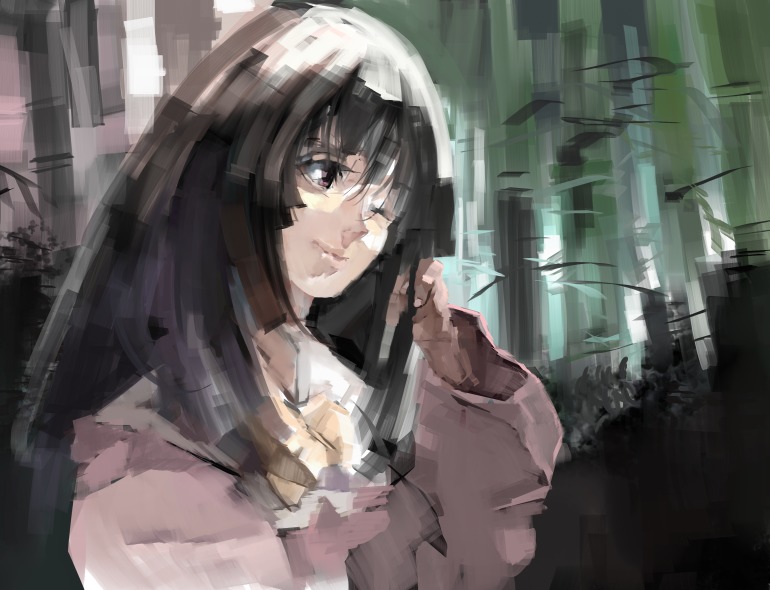 salada, houraisan kaguya, touhou, 1girl, bamboo, bamboo forest, black hair, female focus, forest, head tilt, japanese clothes, nature, one eye closed, solo, wink