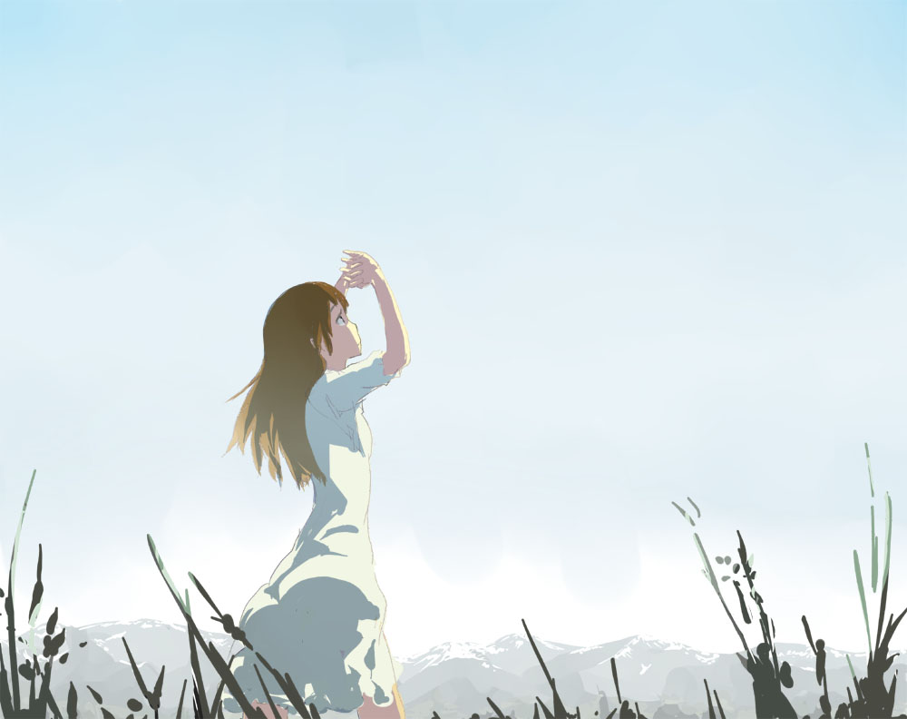 keisan, 1girl, blonde hair, day, dress, expressionless, female focus, grass, looking up, mountain, shading eyes, sky, solo