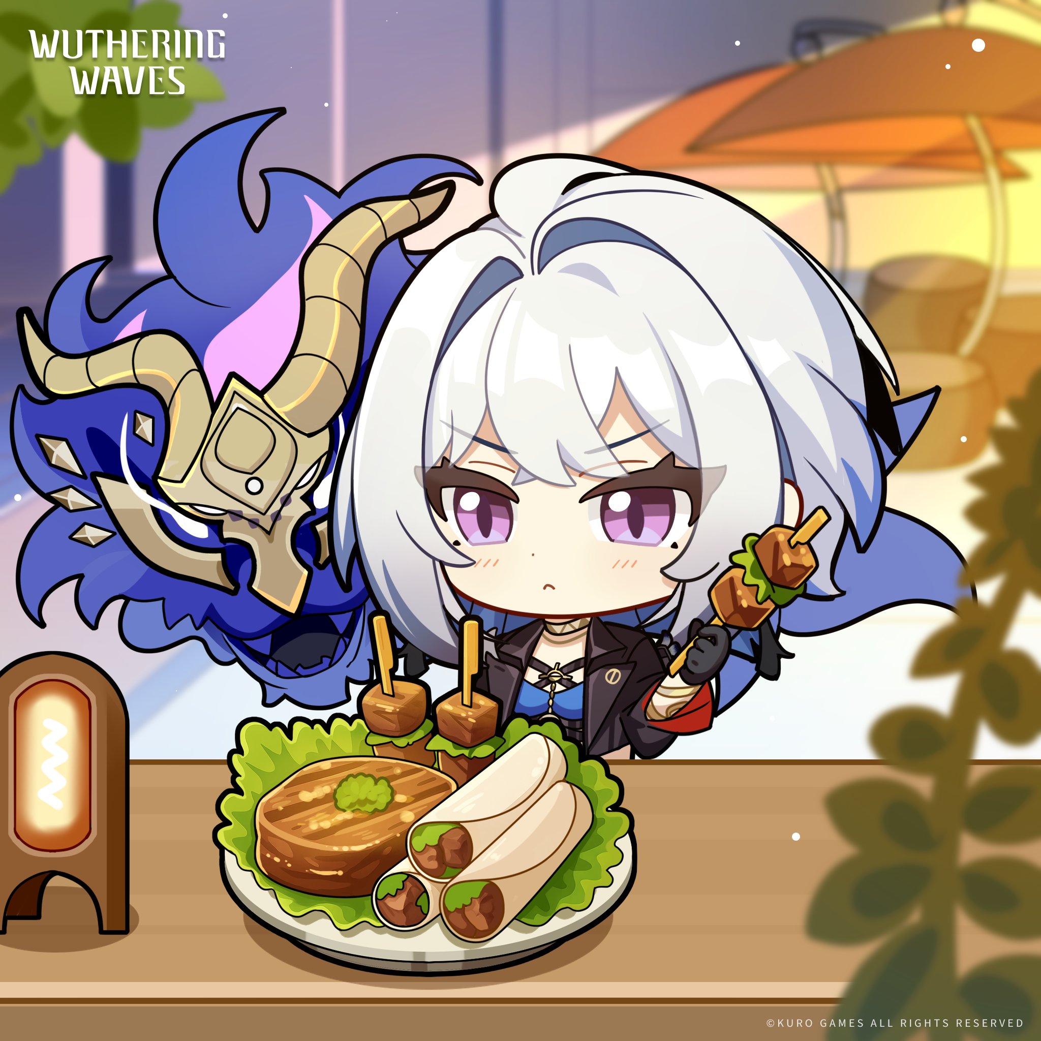 galbrena (wuthering waves), wuthering waves, commentary, english commentary, highres, official art, 1girl, black gloves, black jacket, chibi, chibi only, chimera (wuthering waves), closed mouth, copyright notice, food, gloves, grey hair, holding, holding skewer, jacket, logo, medium hair, purple eyes, skewer, tacet discord (wuthering waves)