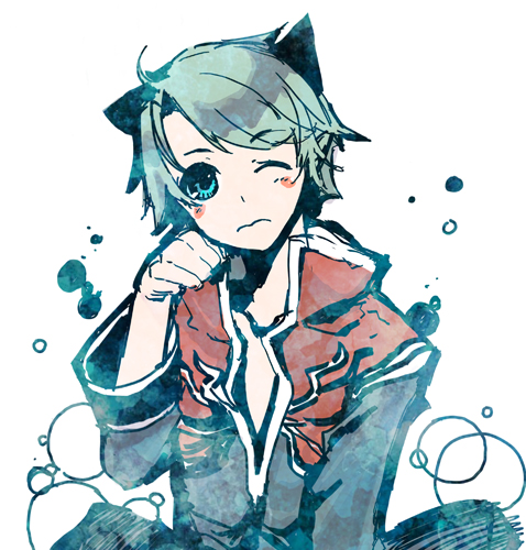 riuhi, priest (ragnarok online), ragnarok online, commentary request, lowres, 1boy, animal ears, black coat, blue eyes, cat boy, cat ears, closed mouth, coat, expressionless, green hair, long sleeves, looking at viewer, male focus, multicolored coat, one eye closed, paw pose, red coat, short hair, simple background, solo, two-tone coat, upper body, white background