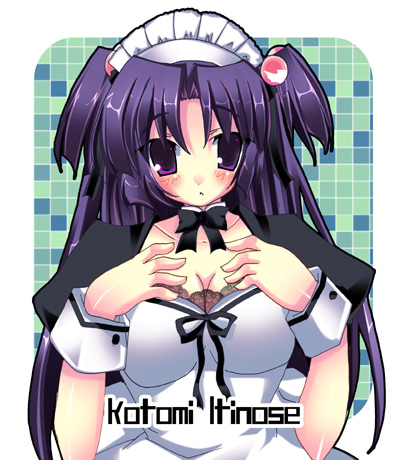 yuuki tsubasa, ichinose kotomi, clannad, lowres, 00s, 1girl, blue hair, bow, bow choker, breasts, choker, cleavage, collar, female focus, hair bobbles, hair ornament, large breasts, long hair, maid, purple eyes, solo, twintails, two side up, wrist cuffs