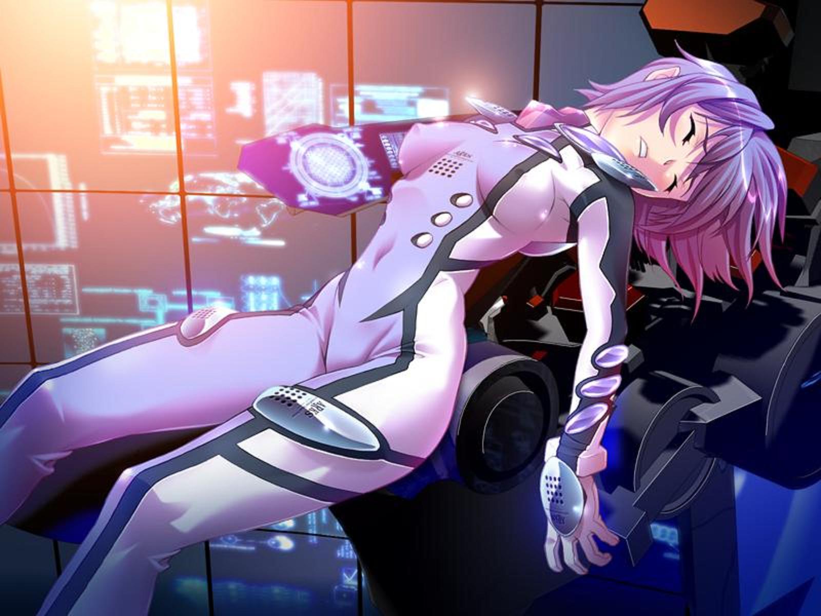 wadatsumi sakuya, zwei worter, pilot suit, highres, 1girl, blue hair, bodysuit, breasts, closed eyes, covered erect nipples, female focus, mecha, medium breasts, robot, sleeping, solo, unconscious
