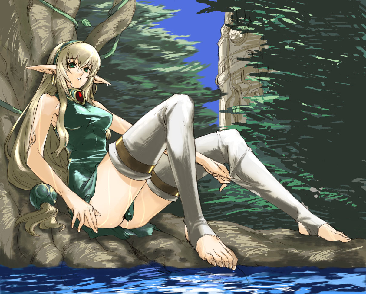 tetsu (kimuchi), kigi, culdcept, 1girl, armpits, barefoot, earrings, elf, feet, female focus, hairband, jewelry, legs, long hair, parted lips, pointy ears, sitting, sketch, solo, thighhighs, toeless legwear, toes, very long hair, water, wet, white thighhighs