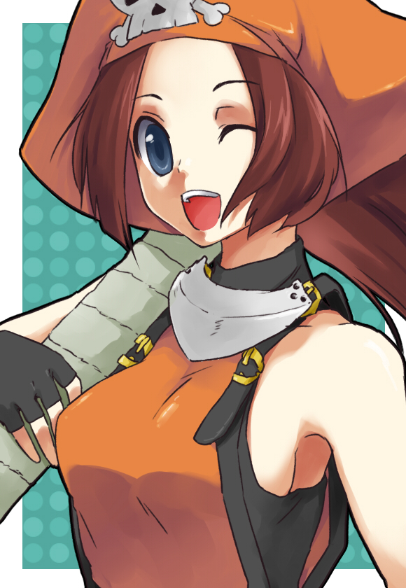 hinnu@ao, may (guilty gear), arc system works, guilty gear, 1girl, anchor, blue eyes, blue hair, brown hair, female focus, fingerless gloves, gloves, hat, long hair, matching hair/eyes, one eye closed, orange hat, orange shirt, pirate, pirate hat, shirt, skull and crossbones, solo, wink
