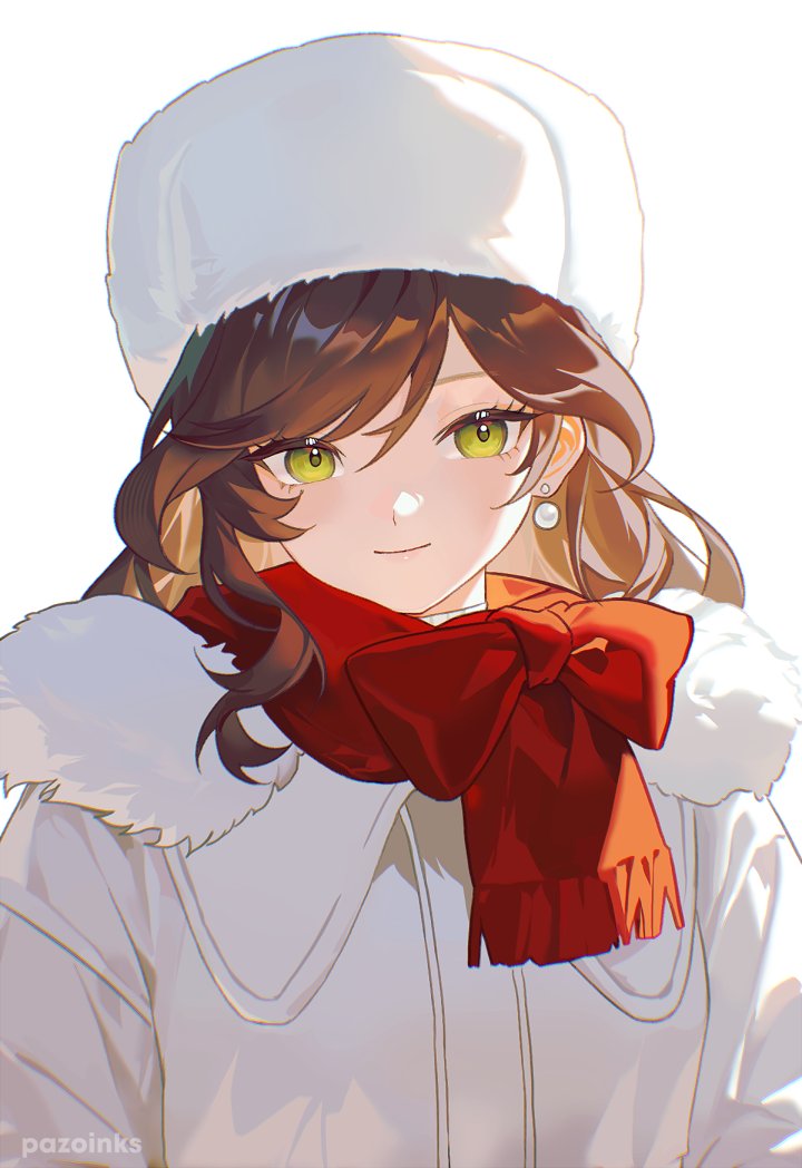 pazoinks, rosa (tears of themis), tears of themis, commentary, english commentary, 1girl, bow, brown hair, closed mouth, eyebrows hidden by hair, fringe trim, fur-trimmed jacket, fur hat, fur trim, green eyes, hair between eyes, hat, jacket, looking at viewer, red scarf, scarf, scarf bow, simple background, smile, solo, upper body, white background, white hat, white jacket