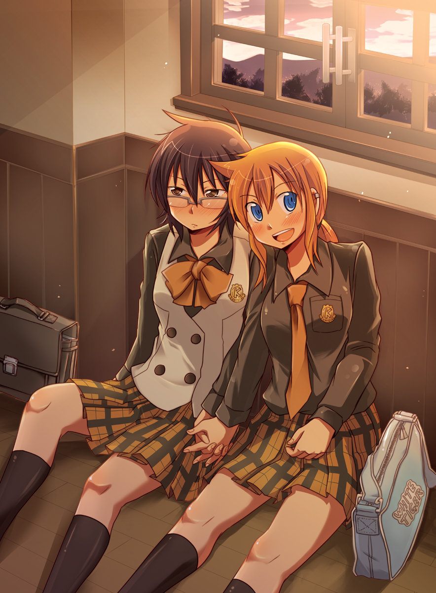 pikachi, kageyama torako, kazamatsuri touma, hyakko, highres, 00s, 2girls, bag, blonde hair, blue eyes, blush, glasses, holding hands, interlocked fingers, multiple girls, necktie, plaid clothes, plaid skirt, school uniform, short hair, sitting, skirt, smile, yuri