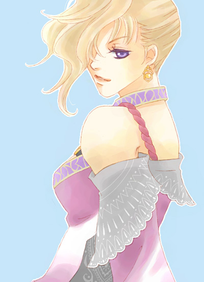 yucke, sialeeds falenas, gensou suikoden, gensou suikoden v, bad id, bad pixiv id, blonde hair, detached sleeves, earrings, hair over one eye, jewelry, purple eyes, solo