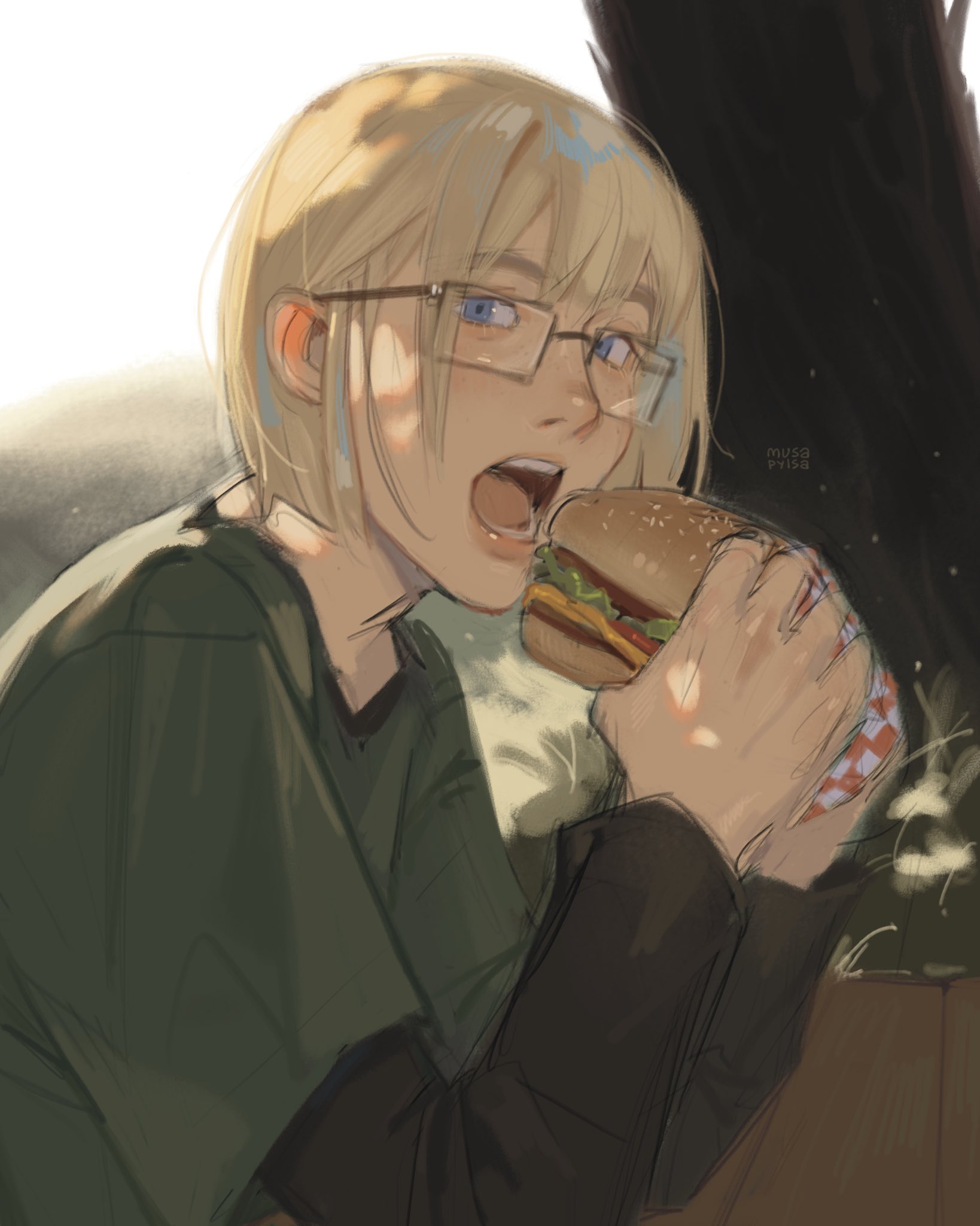 armin arlert, shingeki no kyojin, commentary, english commentary, highres, 1boy, alternate costume, alternate universe, artist name, blonde hair, blue eyes, bob cut, burger, food, glasses, green shirt, holding, holding burger, holding food, imminent eating, layered sleeves, lips, long sleeves, looking at viewer, male focus, musapylsa, nose, rectangular eyewear, shirt, short hair, short over long sleeves, short sleeves, solo, teeth, upper body