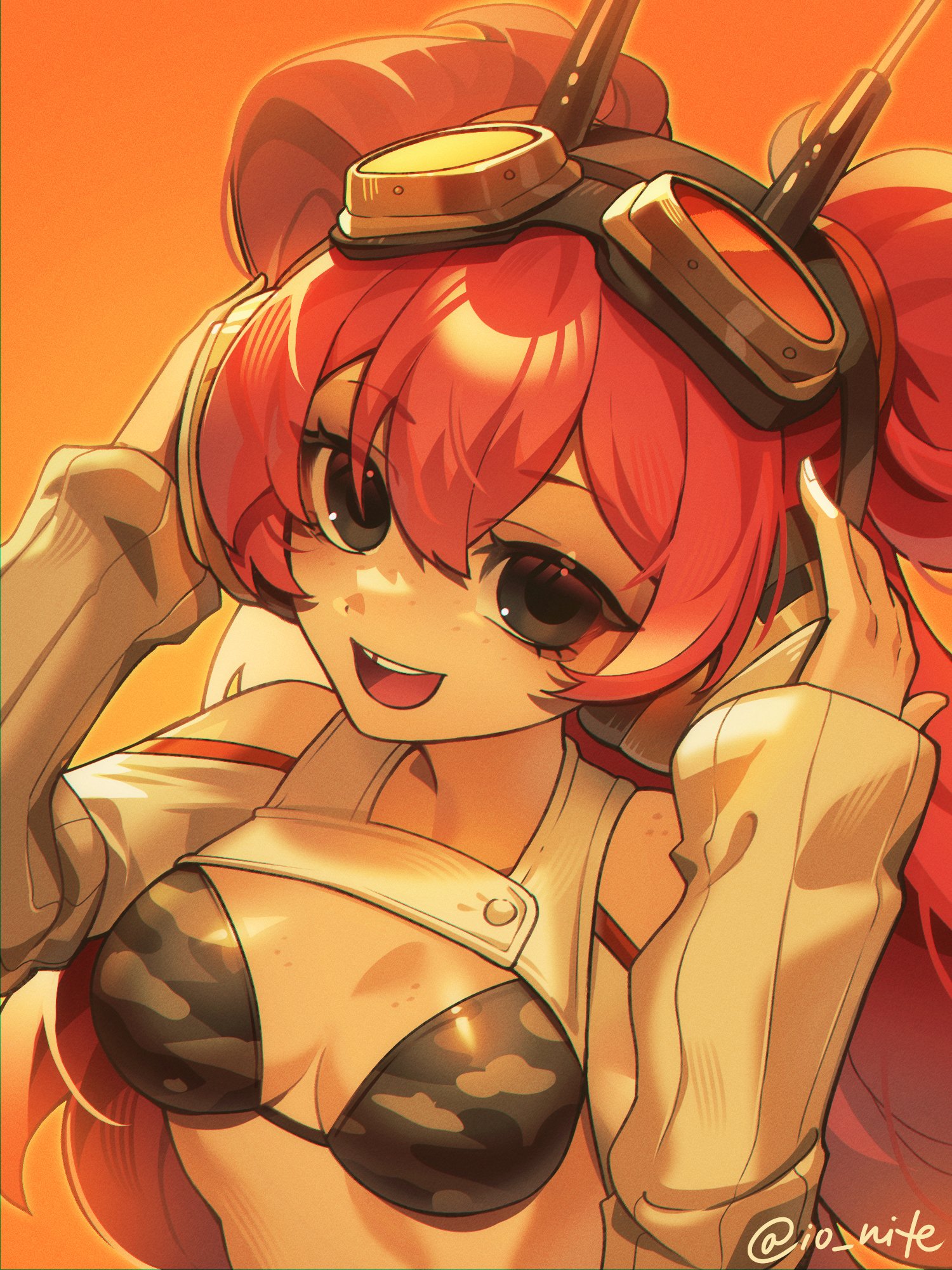 ion (io nite), truck (nifast (greentail)), original, highres, 1girl, :d, arm warmers, bare shoulders, bikini, body freckles, breast freckles, breasts, brown bikini, brown eyes, camouflage, camouflage bikini, cleavage, clothing cutout, freckles, goggles, goggles on head, hair between eyes, hands on headphones, headphones, long hair, long sleeves, looking at viewer, medium breasts, missing tooth, open mouth, orange background, radio antenna, red hair, shoulder cutout, shoulder freckles, shrug (clothing), sleeves past wrists, smile, solo, swimsuit, teeth, twitter username, two side up, upper body, upper teeth only, white shrug