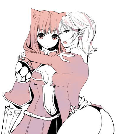 riuhi, creator (ragnarok online), priest (ragnarok online), ragnarok online, commentary request, lowres, 2girls, animal ears, ass, breasts, brown theme, cat ears, cat girl, closed mouth, cowboy shot, dress, gloves, hand on another's hip, hug, long hair, looking at viewer, medium breasts, monochrome, multiple girls, navel, open mouth, panties, plunging neckline, pointy ears, short hair, simple background, underwear, yuri