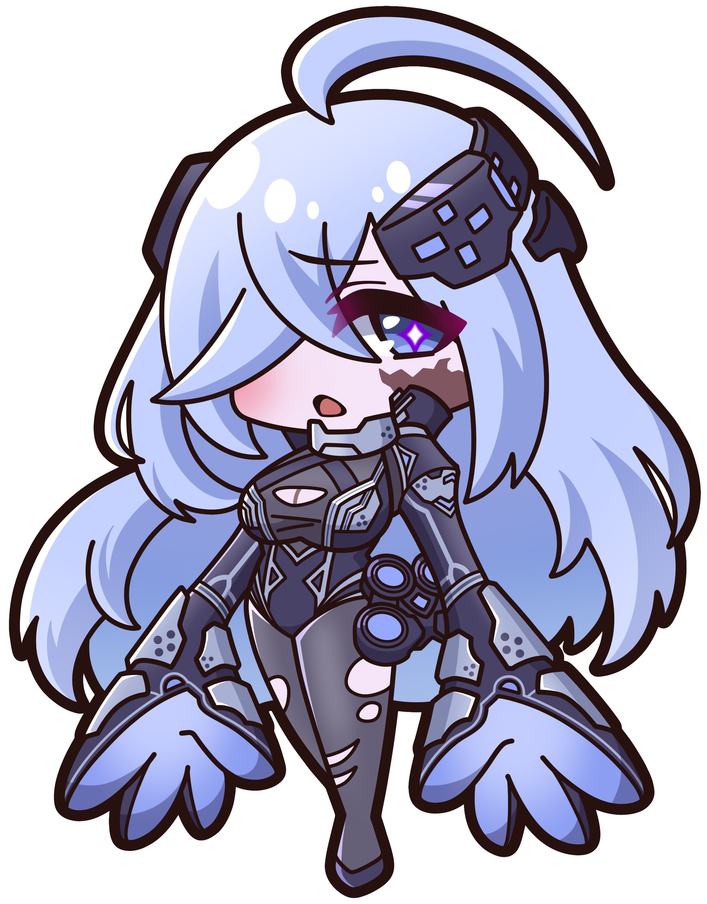 saishosaisekojo, absurdres, commentary request, copyright request, highres, + +, 1girl, black leotard, black shoes, blue eyes, blue hair, bodysuit, breasts, chibi, cleavage, cleavage cutout, clothing cutout, full body, grey bodysuit, hair over one eye, leotard, long hair, looking at viewer, medium breasts, open mouth, pantyhose, shoes, simple background, solo, torn clothes, torn pantyhose, very long hair, white background