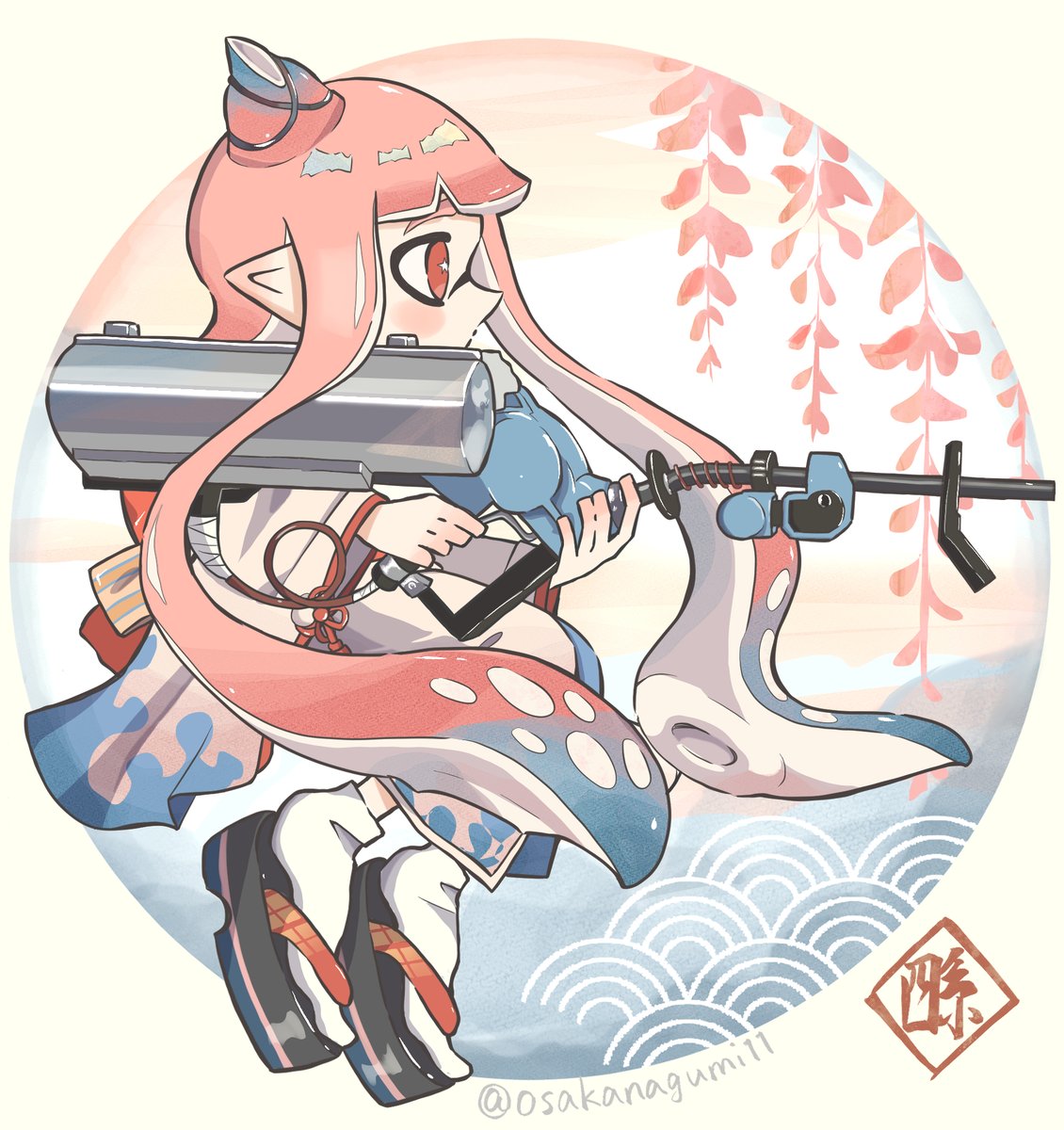 osakanagumi11, inkling girl, inkling player character, nintendo, splatoon (series), splatoon 3, commentary request, highres, 1girl, artist name, blue hair, colored tips, e-liter 4k (splatoon), full body, gun, hair horns, hair ornament, holding, holding gun, holding weapon, inkling, japanese clothes, long hair, multicolored hair, okobo, pink hair, platform sandals, pointy ears, red eyes, sandals, socks, solo, tabi, tentacle hair, twitter username, two-tone hair, very long hair, weapon, white socks, x hair ornament