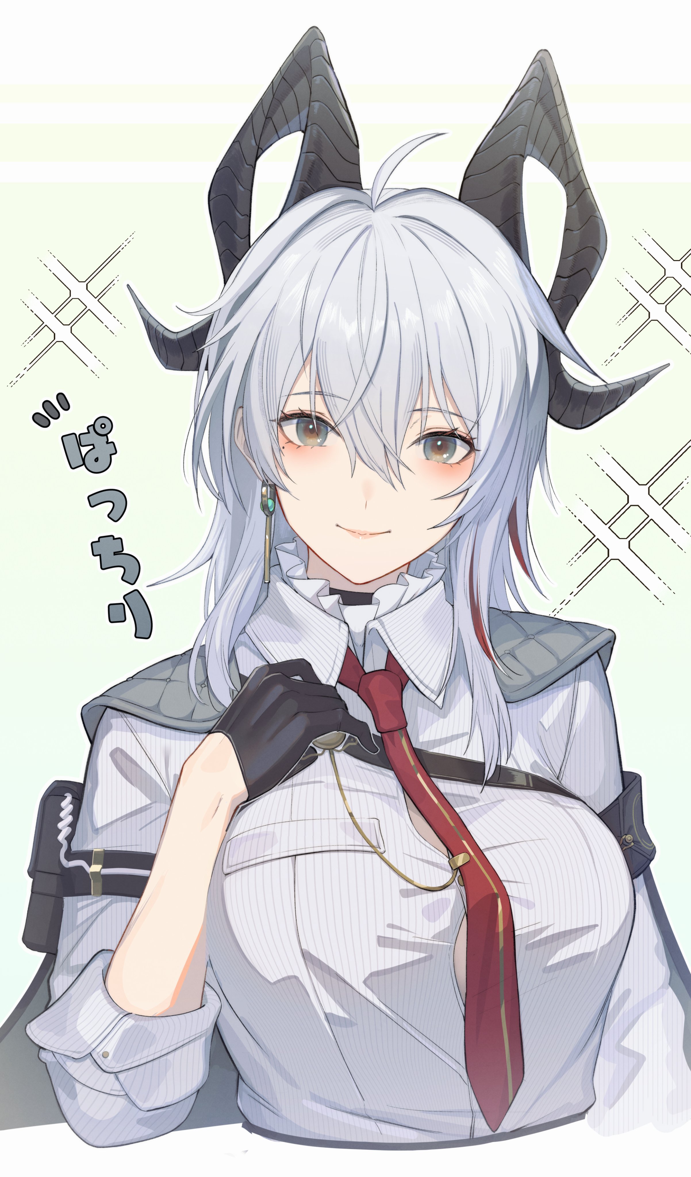 yumegiwa (skgl thx), wuthering waves, absurdres, commentary request, derivative work, highres, screenshot redraw, 1girl, ahoge, arm pouch, armband, black armband, black choker, black eyes, black horns, button gap, choker, closed mouth, collared shirt, cropped torso, curled horns, earrings, grey hair, hair between eyes, hand up, horns, jewelry, key earrings, long hair, looking at viewer, necktie, red necktie, shirt, smile, solo, sparkle, sparkling aura, white shirt