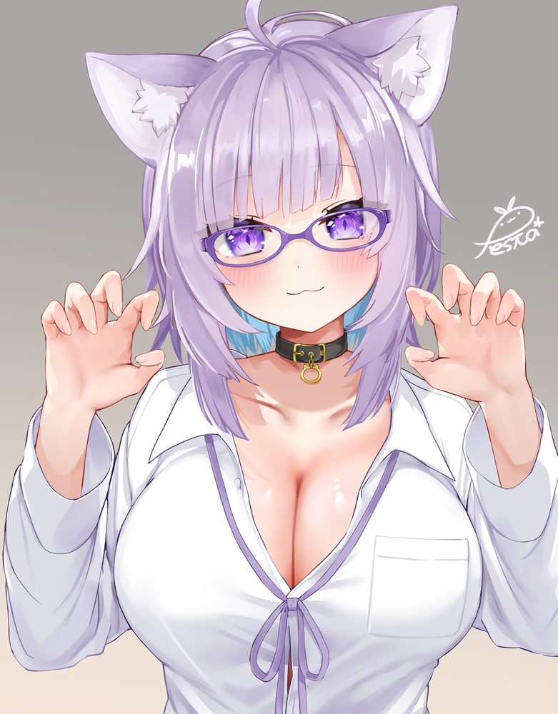 festa11307070, nekomata okayu, hololive, commentary request, paid reward available, 1girl, ahoge, animal ear fluff, animal ears, belt collar, blue hair, blush, bow, bowtie, breast pocket, breasts, cat ears, choppy bangs, claw pose, cleavage, collar, colored inner hair, glasses, grey background, large breasts, looking at viewer, multicolored hair, pocket, purple-framed eyewear, purple bow, purple bowtie, purple eyes, purple hair, round eyewear, shirt, short hair, signature, smile, solo, upper body, virtual youtuber, white shirt