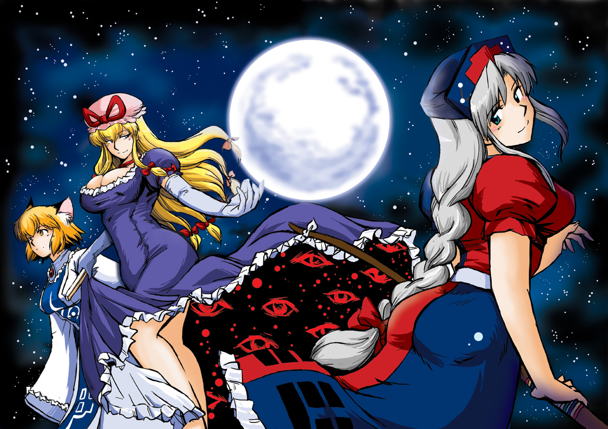 azuki osamitsu, tukiwani, yagokoro eirin, yakumo ran, yakumo yukari, touhou, silver hair, 3girls, animal ears, blonde hair, breasts, elbow gloves, female focus, fox ears, full moon, gloves, hat, large breasts, long hair, long sleeves, moon, multiple girls, night, night sky, no headwear, puffy short sleeves, puffy sleeves, ribbon, short sleeves, sky, sleeves past wrists, white gloves, wide sleeves
