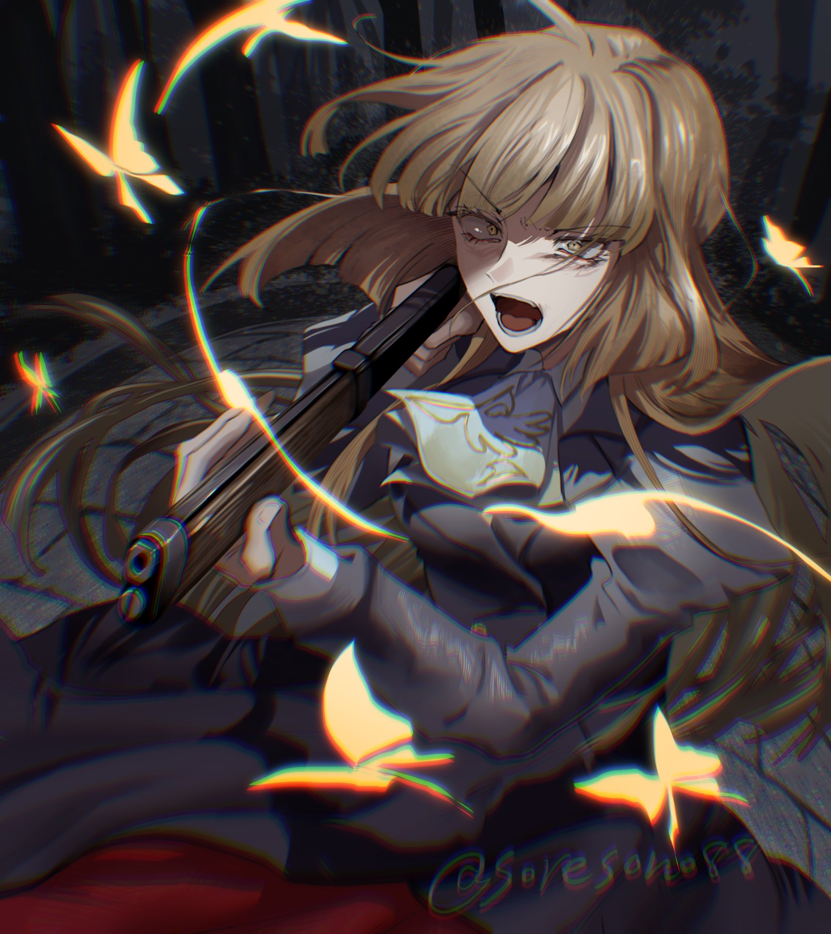 soresono88, ushiromiya rosa, umineko no naku koro ni, commentary request, highres, 1girl, angry, artist name, black dress, brown hair, bug, butterfly, constricted pupils, dress, eyelashes, floating hair, gun, holding, holding gun, holding weapon, insect, long hair, looking at viewer, open mouth, rifle, solo, twitter username, v-shaped eyebrows, weapon, yellow butterfly, yellow eyes