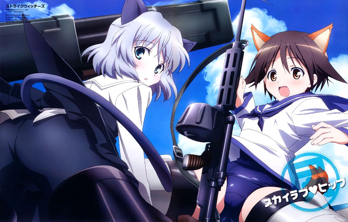 miyafuji yoshika, sanya v. litvyak, strike witches, world witches series, scan, 00s, 2girls, animal ears, ass, cat ears, crotch seam, multiple girls, pantyhose, school swimsuit, school uniform, short hair, swimsuit, tail