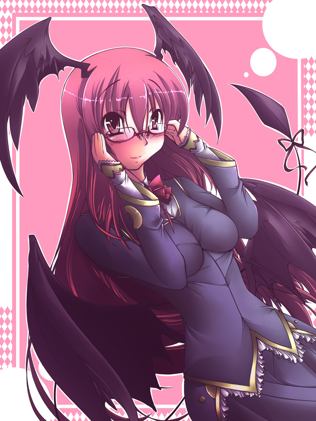 kana toto, koakuma, embodiment of scarlet devil, touhou, 1girl, adjusting eyewear, bat wings, bespectacled, blush, breasts, female focus, glasses, head wings, red eyes, red hair, solo, tail, wings
