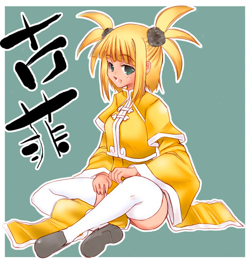 mabuchoco m, kufei, mahou sensei negima!, 00s, blonde hair, chinese clothes, crossed legs, dark-skinned female, dark skin, indian style, short hair, sitting, solo, thighhighs, twintails, two side up