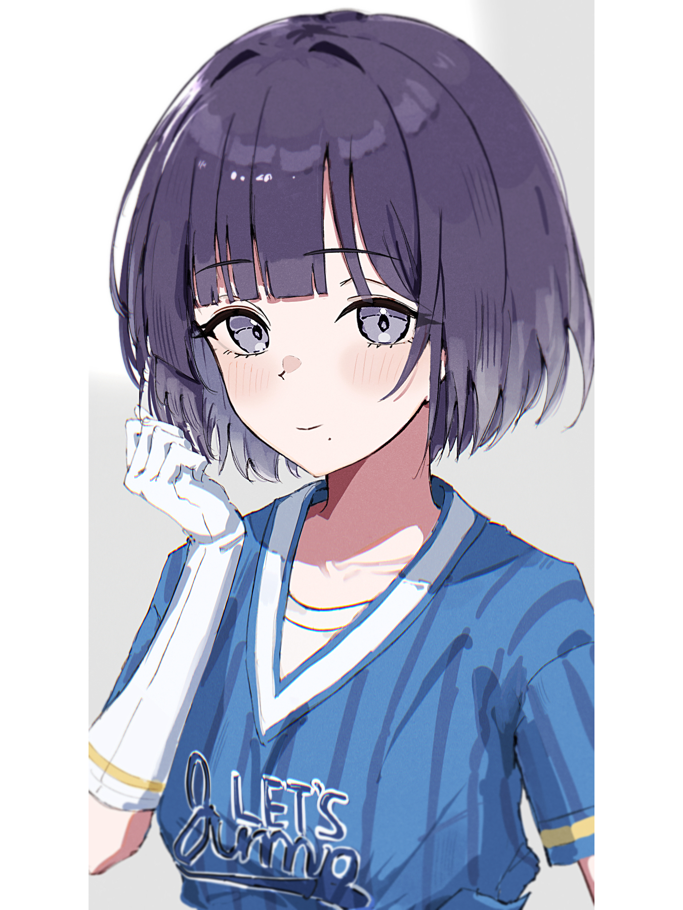 opuricheri, hataya misuzu, gakuen idolmaster, idolmaster, commentary request, highres, 1girl, blue eyes, blue hair, blue shirt, blush, closed mouth, gloves, mole, mole under eye, pillarboxed, shirt, short hair, solo, upper body, white gloves