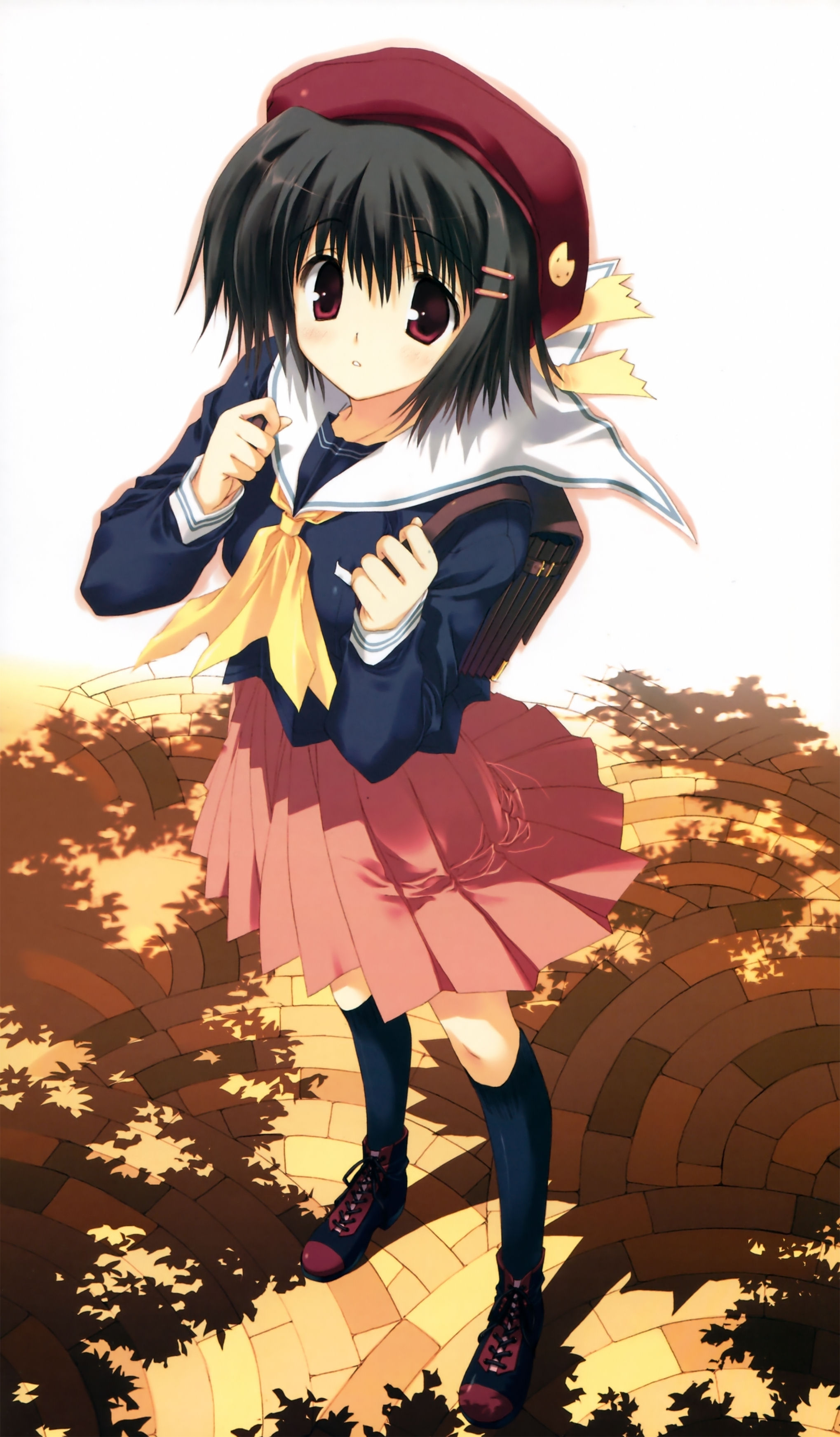 mitsumi misato, absurdres, highres, backpack, bag, beret, black hair, black socks, hat, kneehighs, randoseru, red eyes, school uniform, shoes, socks, solo