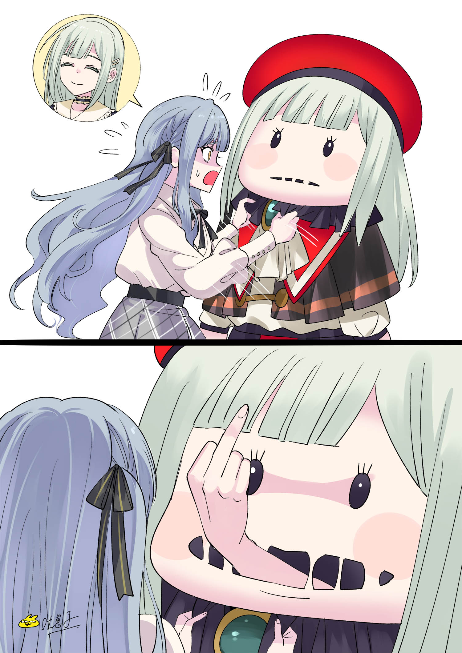 tu zaizi, mortis (bang dream!), mortis (costume) (bang dream!), mortis (persona) (bang dream!), togawa sakiko, wakaba mutsumi, bang dream!, bang dream! it's mygo!!!!!, chinese commentary, commentary request, highres, 2girls, blue hair, character doll, doll, long hair, long sleeves, middle finger, multiple girls, open mouth, shirt, sidelocks, simple background, white background, white shirt, yellow eyes