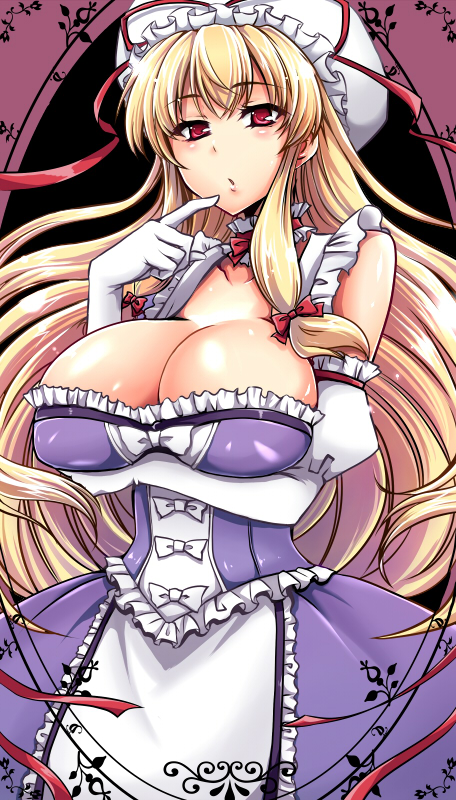 pochi (pochi-goya), yakumo yukari, touhou, breast hold, bad id, bad pixiv id, 1girl, blonde hair, breasts, cleavage, elbow gloves, female focus, gloves, huge breasts, long hair, red eyes, ribbon, solo