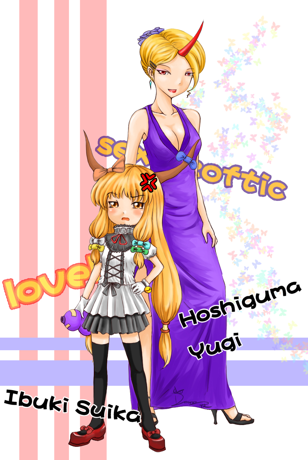 demon zeng, zmoe (bt825), hoshiguma yuugi, ibuki suika, touhou, bad id, bad pixiv id, highres, 2girls, anger vein, blonde hair, female focus, formal clothes, gloves, hair ribbon, high heels, horns, long hair, mary janes, multiple girls, red eyes, ribbon, shoes, single horn, thighhighs, yellow eyes