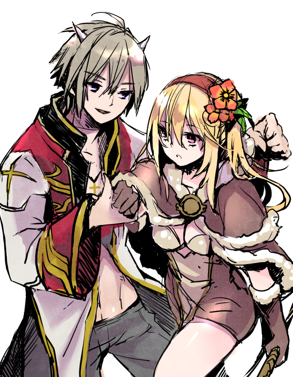 riuhi, high priest (ragnarok online), high wizard (ragnarok online), ragnarok online, commentary request, 1boy, 1girl, blonde hair, breasts, brown cape, brown dress, brown gloves, cape, cleavage, coat, cone horns, cowboy shot, cross, cross necklace, dress, flower, fur-trimmed cape, fur trim, gloves, grey hair, grey horns, grey pants, hair flower, hair ornament, hairband, holding, holding hands, holding staff, horns, jewelry, long hair, long sleeves, looking at another, medium breasts, multicolored coat, necklace, open clothes, open coat, open mouth, orange flower, pants, purple eyes, red coat, red eyes, red hairband, short dress, short hair, simple background, smile, staff, two-tone coat, white background, white coat