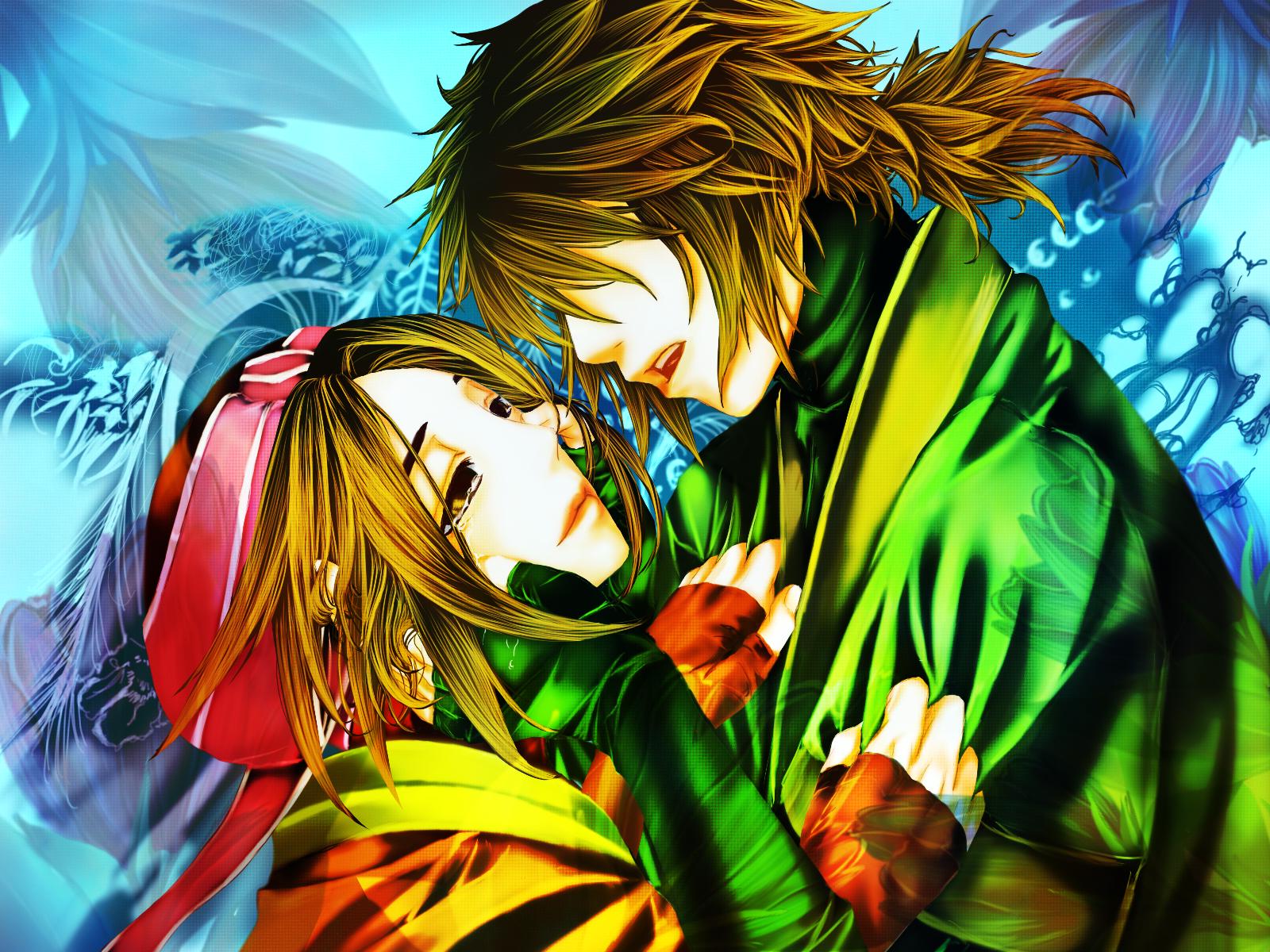 seon, shigure, sagiri, shigure (suikoden), gensou suikoden, gensou suikoden v, highres, 1boy, 1girl, brown eyes, brown hair, couple, hetero, smile, tears