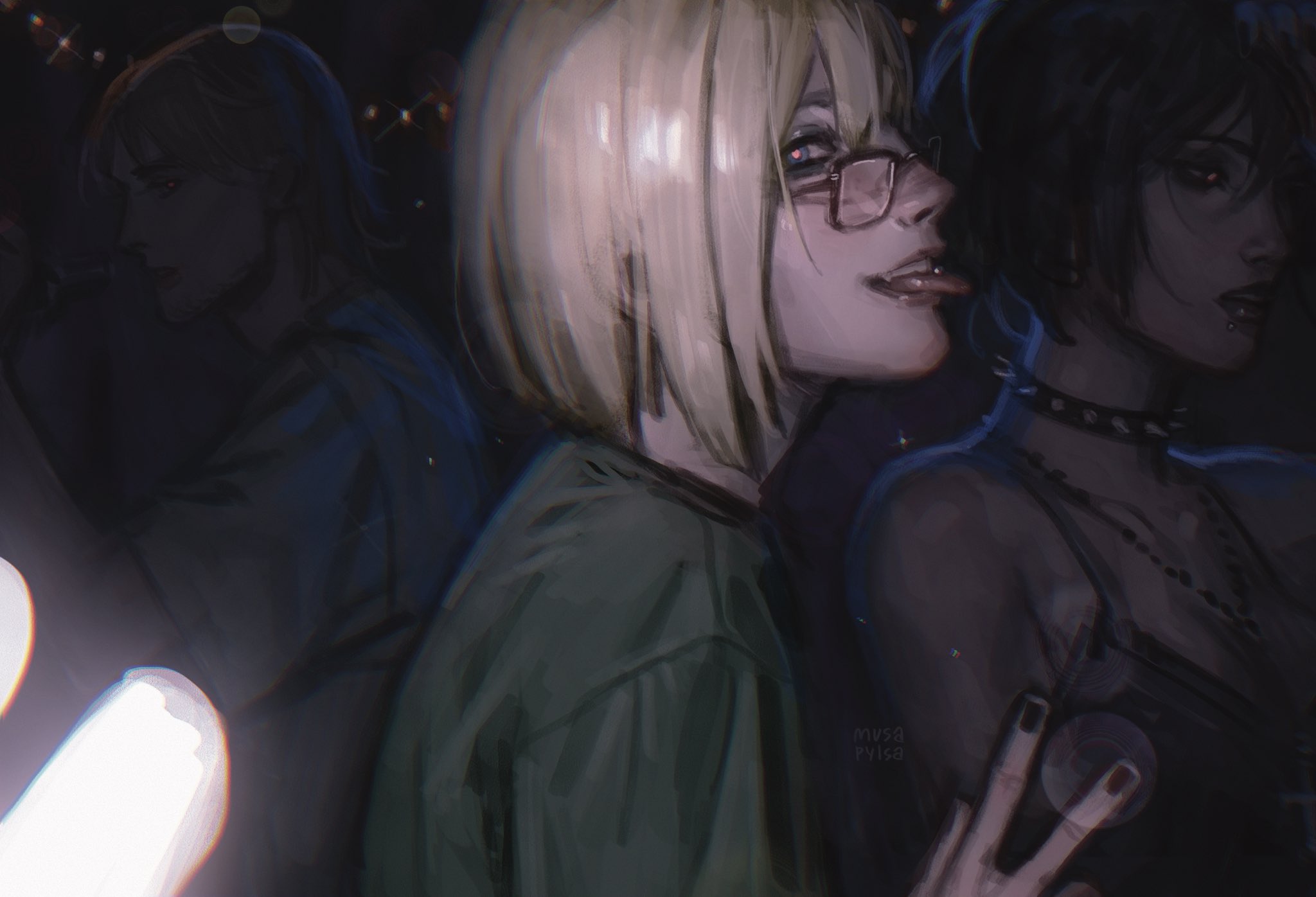armin arlert, jean kirstein, mikasa ackerman, shingeki no kyojin, commentary, english commentary, highres, 1girl, 2boys, alcohol, alternate universe, artist name, black choker, black hair, black nails, blonde hair, bob cut, bottle, choker, drinking, glasses, goth fashion, green shirt, holding, holding bottle, jewelry, multiple boys, musapylsa, necklace, piercing, rectangular eyewear, shirt, short hair, solo focus, spiked choker, spikes, teeth, tongue, tongue out, tongue piercing, upper teeth only
