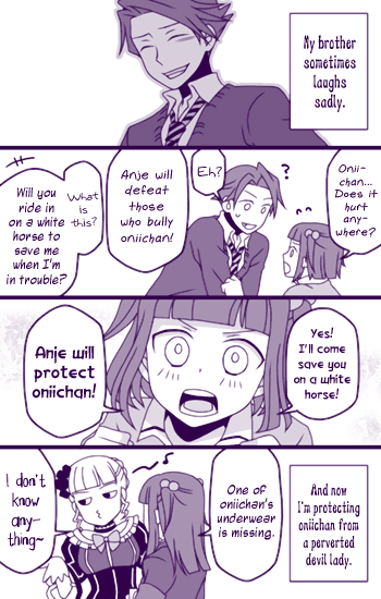mikawa (xxcrisp), xxcrisp, beatrice (umineko), ushiromiya ange, ushiromiya battler, umineko no naku koro ni, hard-translated, third-party edit, translated, 00s, 1girl, 2boys, brother and sister, child, closed eyes, comic, dress, english text, hair bobbles, hair ornament, monochrome, multiple boys, purple theme, ribbon, short hair, siblings, smile, time paradox, twintails