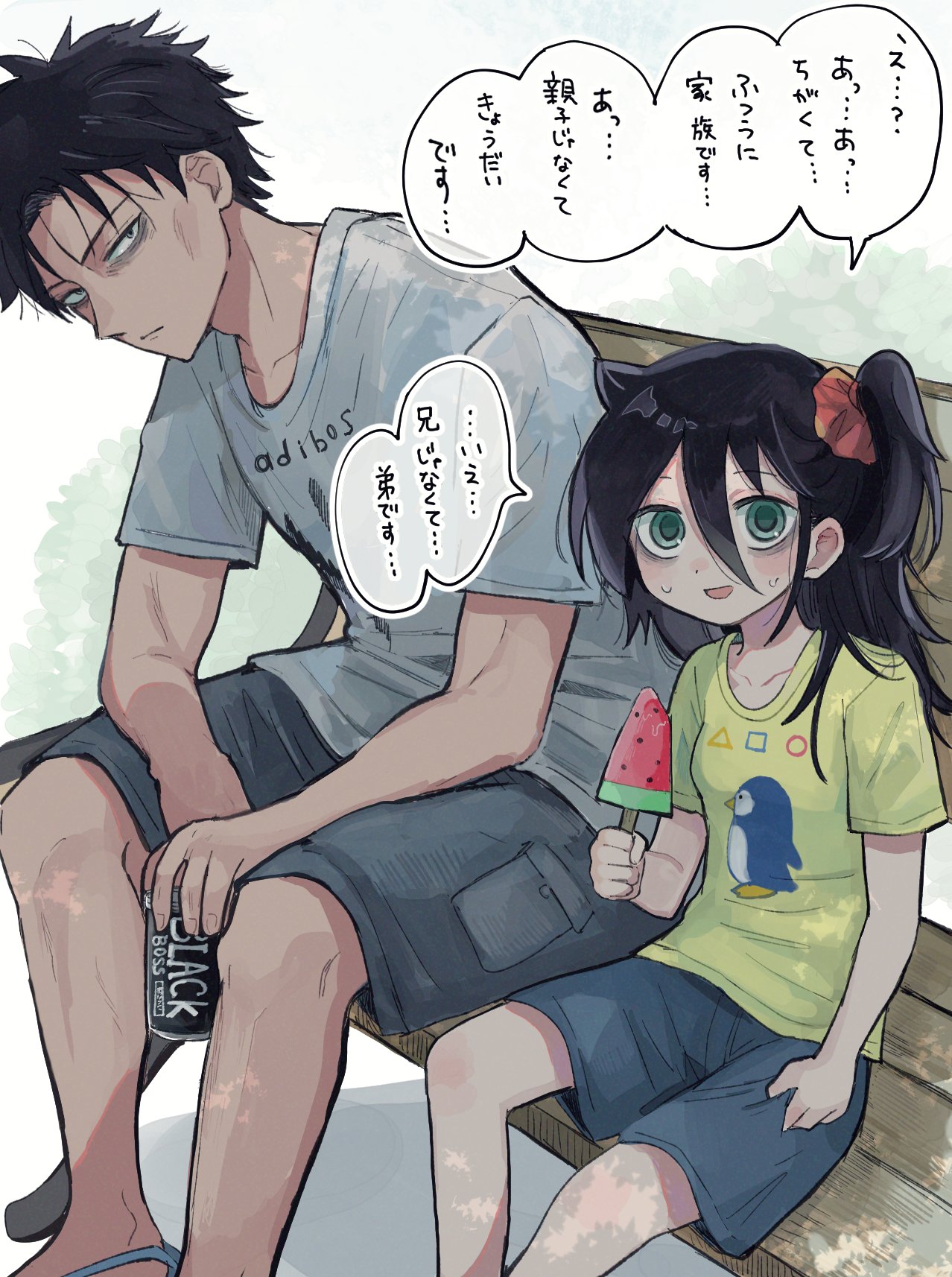 nuka (nukamochi), kuroki tomoki, kuroki tomoko, adidas, watashi ga motenai no wa dou kangaetemo omaera ga warui!, commentary request, highres, translation request, 1boy, 1girl, alternate hairstyle, animal print, bags under eyes, bench, black hair, brand name imitation, breasts, brother and sister, can, casual, closed mouth, clothes writing, collarbone, drink can, food, green eyes, grey eyes, grey shirt, grey shorts, hair between eyes, hair ornament, hair scrunchie, holding, holding can, holding food, holding popsicle, long hair, looking at viewer, messy hair, on bench, one side up, open mouth, outdoors, penguin print, popsicle, print shirt, red scrunchie, scrunchie, shirt, short hair, shorts, siblings, sidelocks, sitting, small breasts, smile, speech bubble, spiked hair, sweat, t-shirt, watermelon bar, wooden bench, yellow shirt