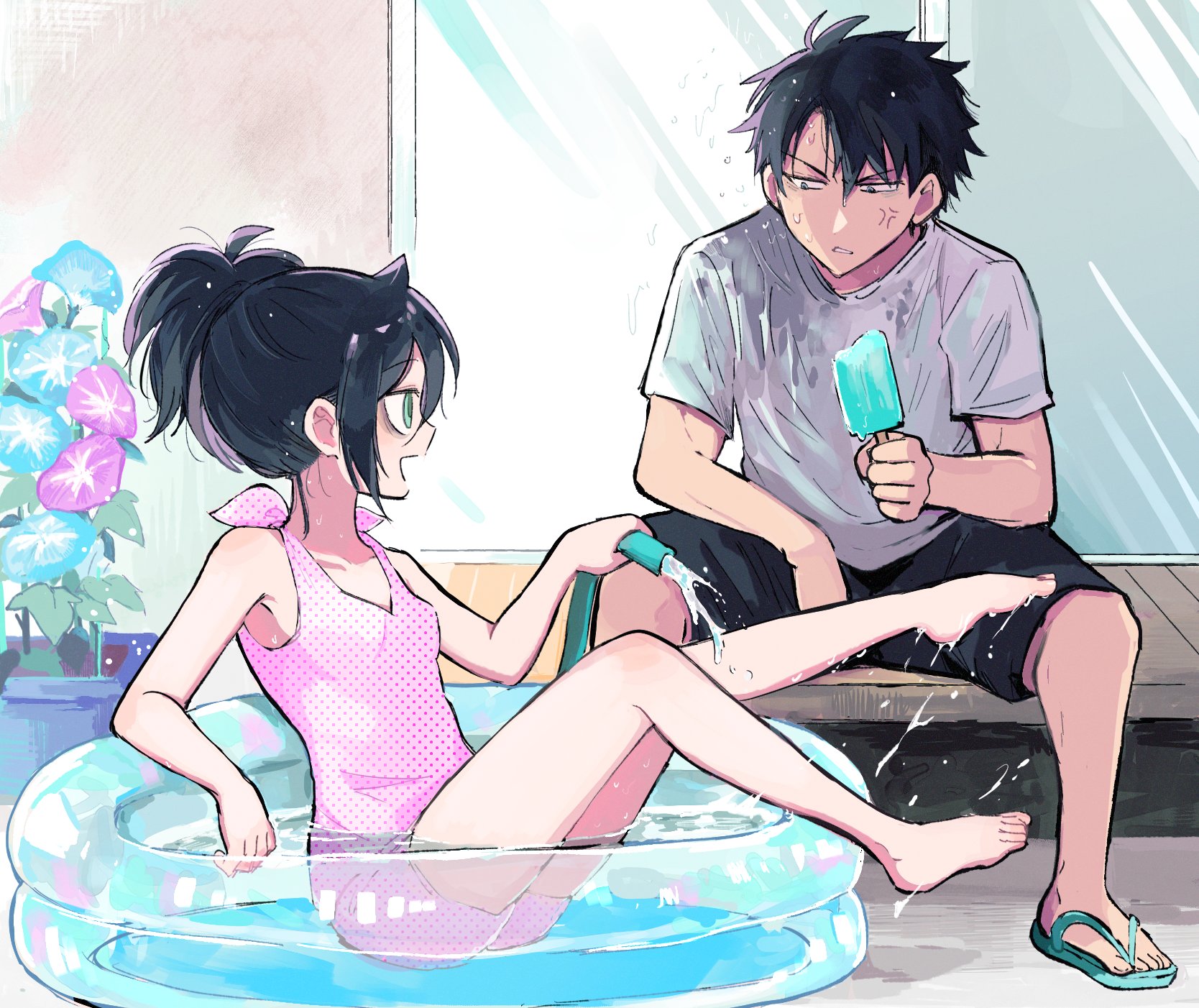 nuka (nukamochi), kuroki tomoki, kuroki tomoko, watashi ga motenai no wa dou kangaetemo omaera ga warui!, commentary request, highres, 1boy, 1girl, alternate hairstyle, anger vein, angry, aqua sandals, bags under eyes, barefoot, black hair, black shorts, breasts, brother and sister, food, green eyes, green hair, grey eyes, grey shirt, hair between eyes, happy, holding, holding food, holding hose, holding popsicle, hose, looking at another, one-piece swimsuit, open mouth, parted lips, partially submerged, pink one-piece swimsuit, plant, polka dot one-piece swimsuit, ponytail, popsicle, sandals, shirt, short hair, short sleeves, shorts, siblings, sidelocks, sitting, small breasts, smile, spiked hair, swimsuit, t-shirt, toes, wading pool, water, water drop, wet, wet clothes, wet shirt