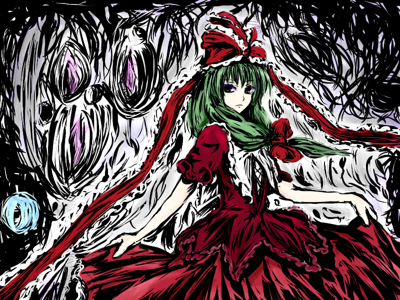 namonaiteidono, kagiyama hina, touhou, bad id, bad pixiv id, 1girl, black eyes, female focus, front ponytail, long hair, solo