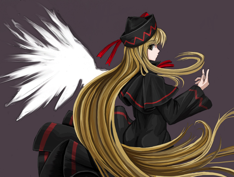 fullerene, fullerene (pixiv), lily black, lily white, touhou, 1girl, blonde hair, female focus, hat, long hair, simple background, solo, standing, wings
