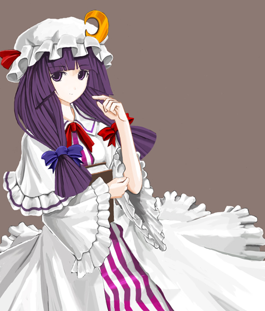 fullerene, fullerene (pixiv), patchouli knowledge, touhou, 1girl, crescent, female focus, hair ribbon, hat, long hair, purple eyes, purple hair, ribbon, solo
