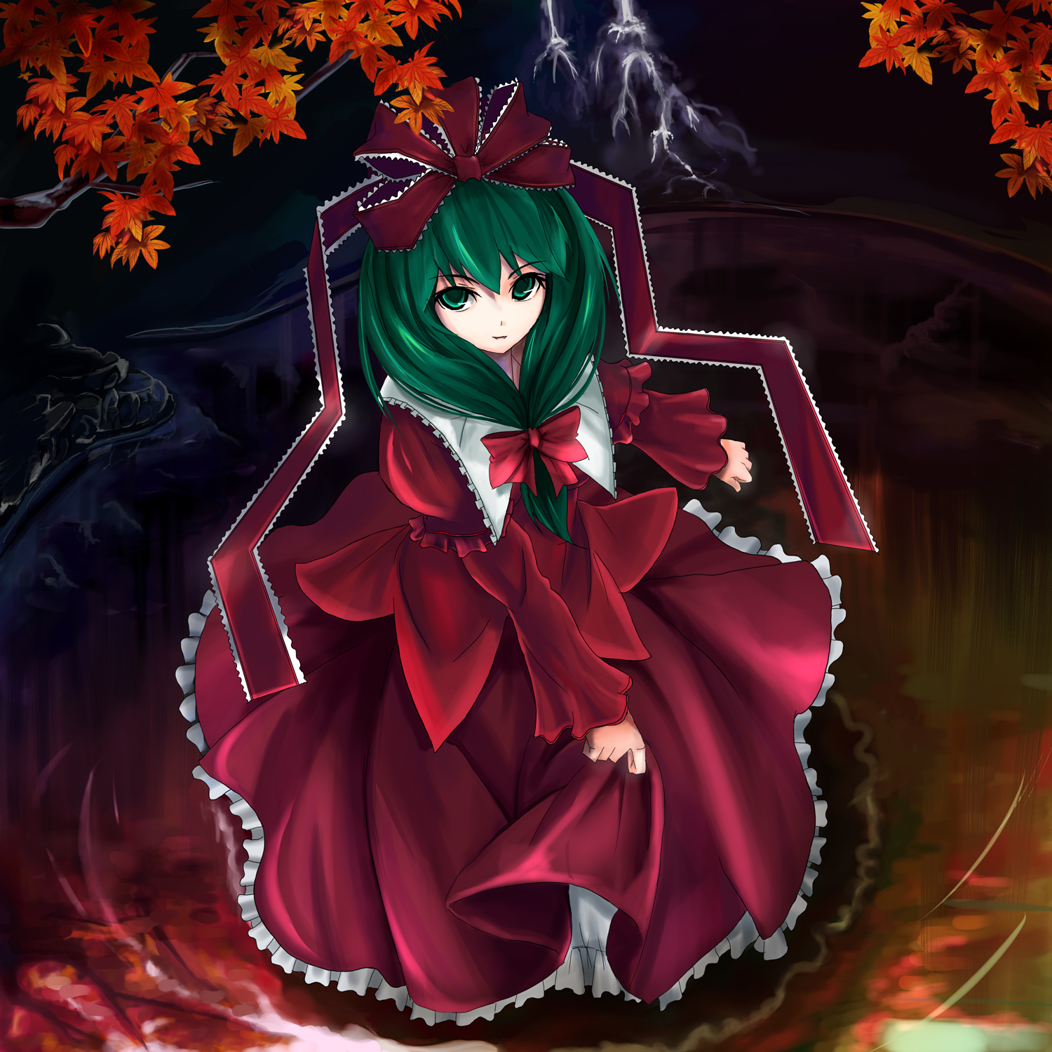 fullerene, fullerene (pixiv), kagiyama hina, touhou, highres, 1girl, dress, female focus, front ponytail, green eyes, green hair, hair ribbon, leaf, looking at viewer, maple leaf, matching hair/eyes, ribbon, solo, water, waterfall