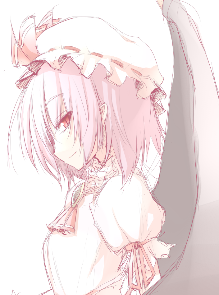 hiraga matsuri, hirasato, remilia scarlet, touhou, 1girl, bat wings, female focus, hat, pink hair, red eyes, ribbon, sketch, solo, upper body, white background, wings