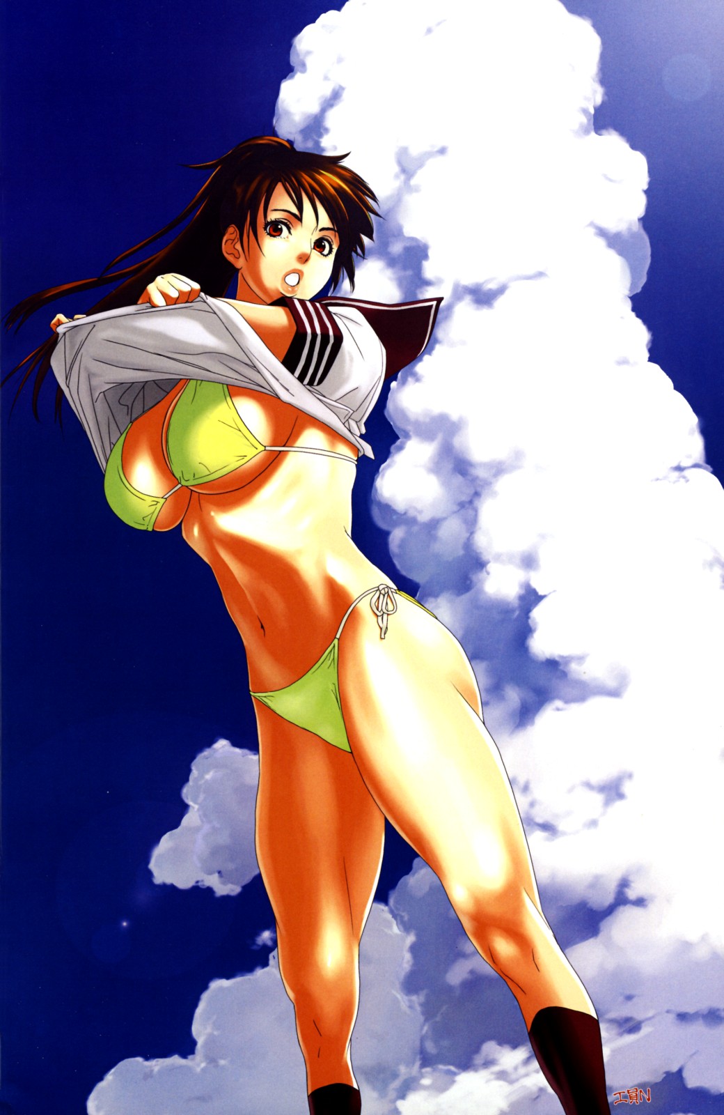 dagashiya, konbuni, highres, 1girl, bikini, breasts, clothes lift, female focus, huge breasts, shirt lift, side-tie bikini bottom, solo, swimsuit, underboob