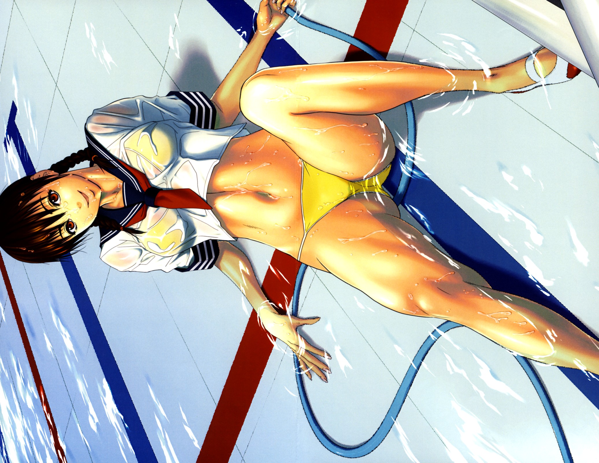 dagashiya, konbuni, highres, 1girl, abs, bikini, bikini bottom only, bikini under clothes, bottomless, braid, brown hair, female focus, hose, navel, no pants, pool, reclining, red eyes, school uniform, see-through clothes, serafuku, shirt, shoes, sideways, smile, solo, spread legs, string bikini, swimsuit, swimsuit under clothes, twin braids, uwabaki, wading, water, wet, wet clothes, wet shirt, yellow bikini