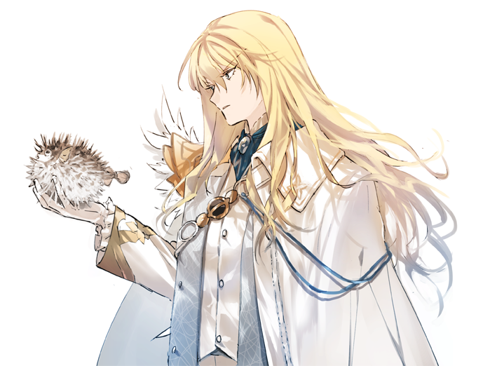 m-tobiei, kirschtaria wodime, fate/grand order, fate (series), commentary, 1boy, animal, ascot, bishounen, blonde hair, blue ascot, blue eyes, brooch, cape, collared cape, feathers, fish, formal clothes, frilled sleeves, frills, from side, gloves, gold trim, hair between eyes, hand up, holding, holding animal, holding fish, jacket, jewelry, long hair, long sleeves, looking ahead, male focus, open clothes, open jacket, parted lips, puffer fish, shirt, side cape, simple background, solo, suit, upper body, vest, white background, white cape, white feathers, white gloves, white jacket, white shirt, white suit, white vest