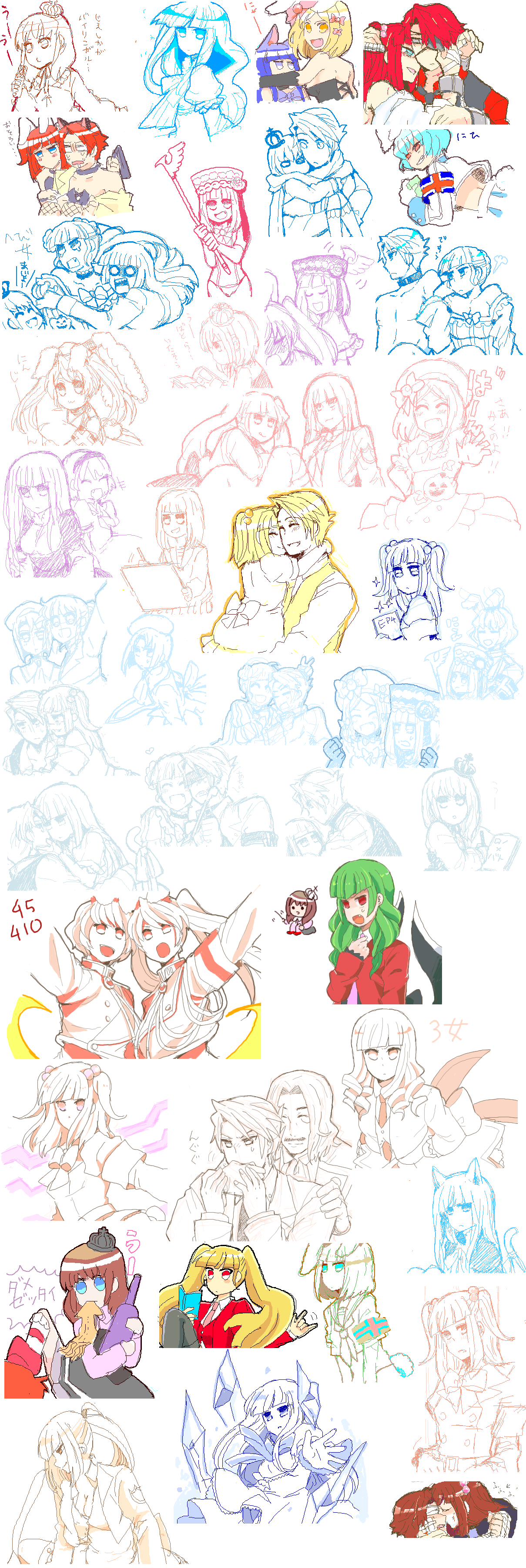 tiihatanono, asmodeus (umineko), beatrice (umineko), belphegor (umineko), chiester410, chiester45, chiester sisters, eva beatrice, frederica bernkastel, houjou satoko, kanon (umineko), lambdadelta, leviathan (umineko), lucifer (umineko), ronove (umineko), satan (umineko), stakes of purgatory, ushiromiya ange, ushiromiya battler, ushiromiya jessica, ushiromiya maria, ushiromiya rosa, higurashi no naku koro ni, umineko no naku koro ni, absurdres, bad id, bad pixiv id, highres, long image, tall image, 00s, 2boys, 6+girls, angry, animal ears, aqua hair, armband, bdsm, belt, blonde hair, blood, blue eyes, blue hair, blush, book, bow, cat ears, cat tail, chain, chibi, child, choker, closed eyes, crown, dress, drill hair, everyone, eyepatch, facial hair, fake animal ears, fishnet pantyhose, fishnets, flower, frills, green hair, hair bobbles, hair bow, hair ornament, hat, holding, hug, incest, jacket, kiseru, kiss, kittysuit, licking, long hair, microphone, monocle, multiple boys, multiple girls, multiple monochrome, mustache, necktie, nontraditional playboy bunny, oekaki, one-piece swimsuit, orange eyes, pantyhose, playboy bunny, ponytail, pumpkin, purple eyes, rabbit ears, rabbit tail, red eyes, red hair, ribbon, rose, scarf, scepter, school uniform, short hair, siblings, sketch, smile, smoking pipe, swimsuit, sword, tail, tears, thighhighs, time paradox, tongue, torn clothes, twintails, weapon, you gonna get raped, zettai ryouiki