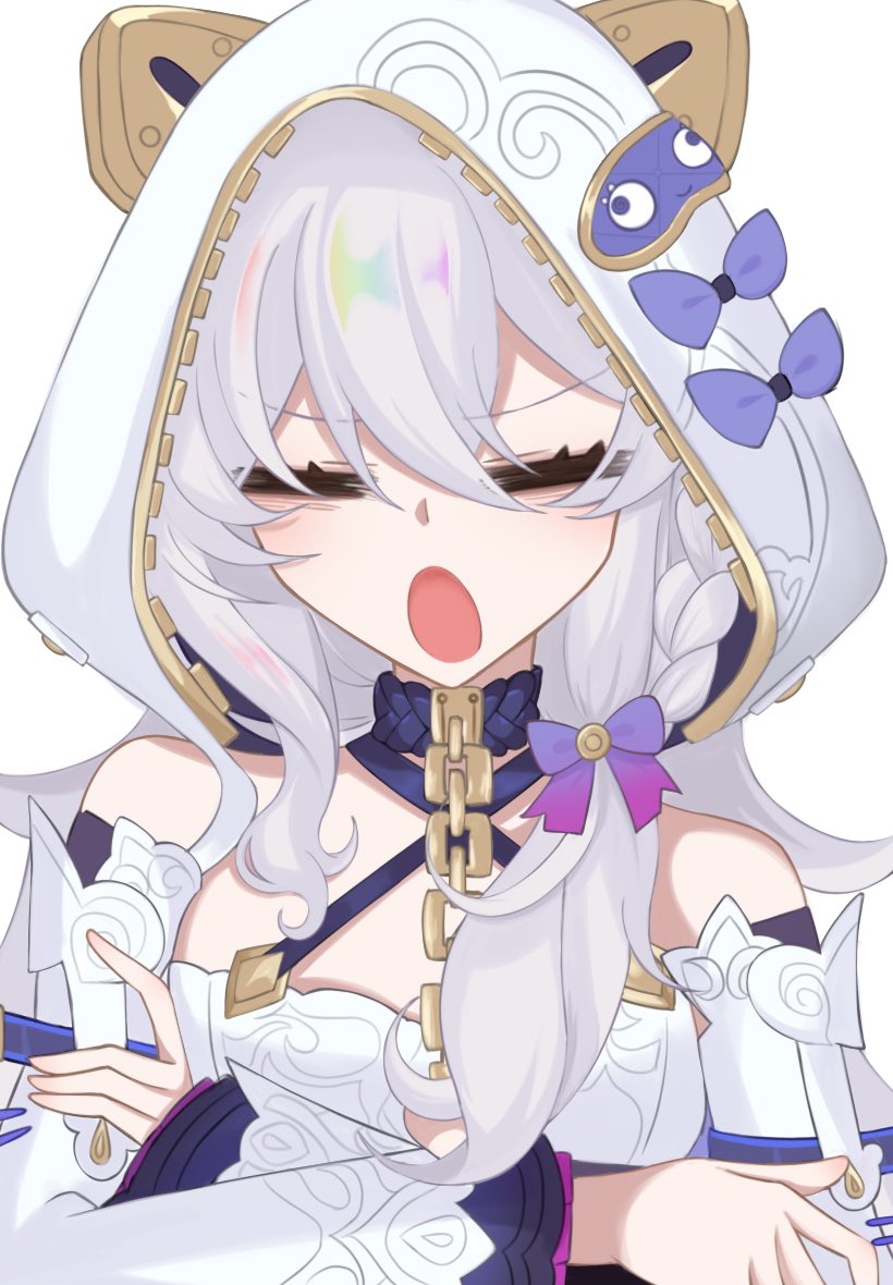 theresa apocalypse, theresa apocalypse (schicksal's imperative), honkai (series), honkai impact 3rd, 1girl, bare shoulders, braid, closed eyes, crossed arms, detached sleeves, dress, grey hair, hair between eyes, hood, hood up, long hair, meme, open mouth, r0302, simple background, solo, teri derp (meme), upper body, white background, white dress, white sleeves