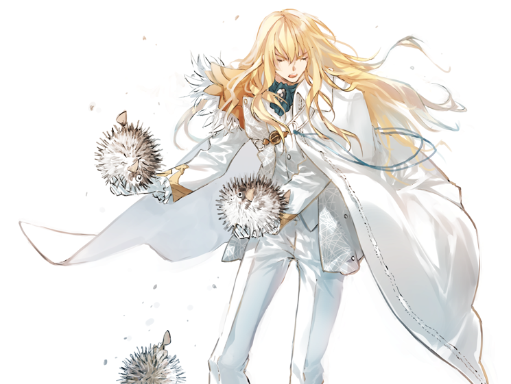 m-tobiei, kirschtaria wodime, fate/grand order, fate (series), commentary, 1boy, animal, ascot, bishounen, blonde hair, blue ascot, brooch, cape, closed eyes, collared cape, feathers, feet out of frame, fish, formal clothes, frilled sleeves, frills, gloves, gold trim, hair between eyes, holding, holding animal, holding fish, jacket, jewelry, long hair, long sleeves, male focus, open clothes, open jacket, open mouth, pants, puffer fish, side cape, simple background, solo, standing, suit, teeth, upper teeth only, vest, white background, white cape, white feathers, white gloves, white jacket, white pants, white suit, white vest