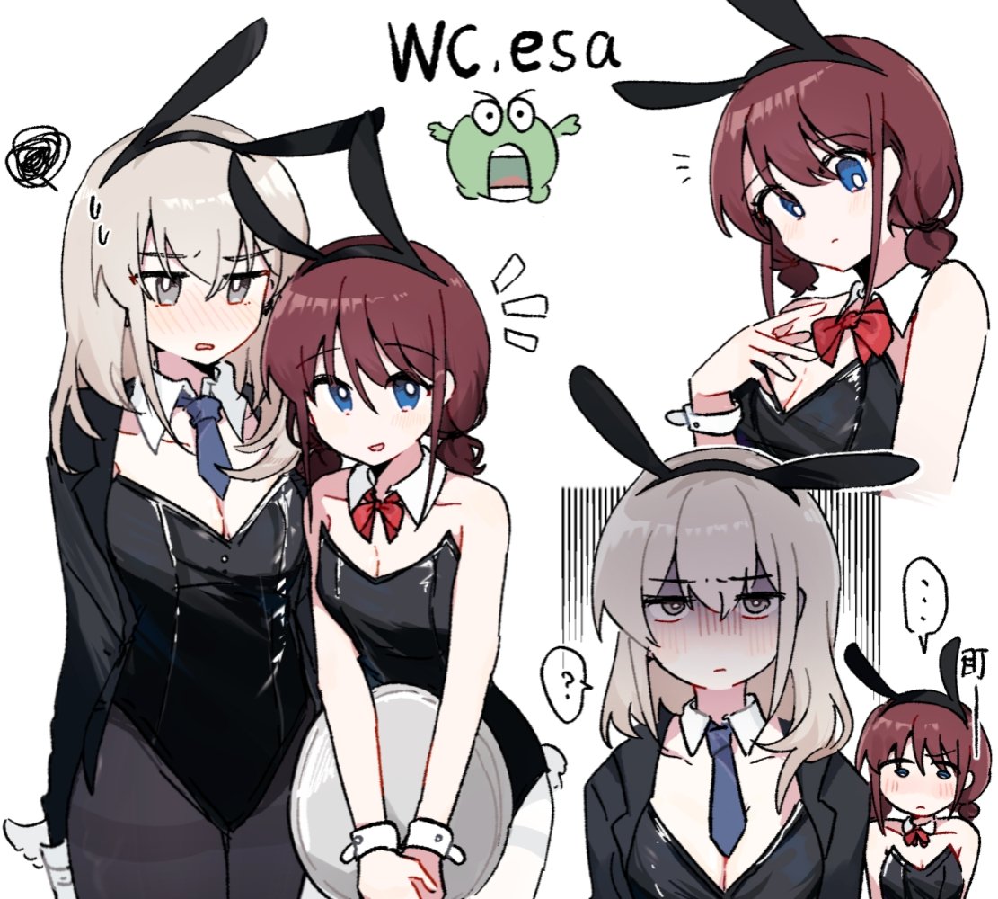 achadtea, iseri nina, kawaragi momoka, girls band cry, chinese commentary, commentary request, 2girls, black jacket, black pantyhose, blue eyes, blue necktie, bow, bowtie, breasts, brown hair, cleavage, grey eyes, grey hair, jacket, leotard, long hair, low twintails, medium breasts, multiple girls, necktie, open mouth, pantyhose, playboy bunny, red bow, red bowtie, short twintails, simple background, small breasts, squiggle, strapless, strapless leotard, thighband pantyhose, twintails, white background, white pantyhose, white wrist cuffs, wrist cuffs