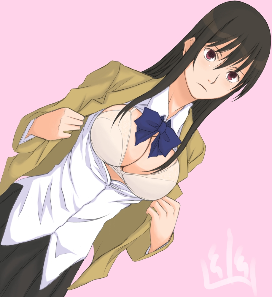 kamimiya, 1girl, black hair, bra, breasts, cleavage, dutch angle, female focus, lingerie, long hair, open clothes, open shirt, shirt, solo, underwear, undressing