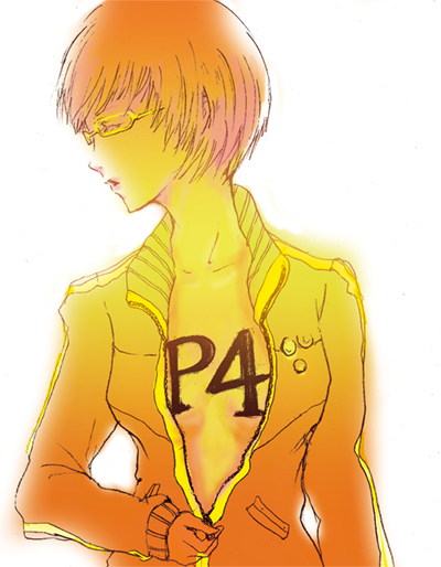 spioka, satonaka chie, atlus, persona, persona 4, brown hair, closed eyes, glasses, jacket, open clothes, open shirt, school uniform, shirt, short hair, solo, tomboy, undressing, yellow-framed eyewear
