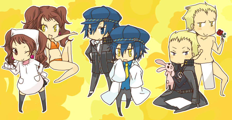 omugi, kujikawa rise, shadow (persona), shadow kanji, shadow naoto, shadow rise, shirogane naoto, tatsumi kanji, atlus, persona, persona 4, bad id, bad pixiv id, jpeg artifacts, 2boys, 4girls, androgynous, apron, barefoot, bikini, blonde hair, blue hair, brown hair, chibi, dark persona, dual persona, fundoshi, hat, japanese clothes, kappougi, lab coat, multiple boys, multiple girls, red hair, reverse trap, school uniform, short hair, swimsuit, thighhighs, yellow eyes
