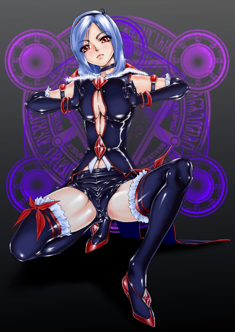 xopc, eas (fresh precure!), higashi setsuna, fresh precure!, precure, black neckwear, bad id, bad pixiv id, 00s, 1girl, black shorts, blush, breasts, breasts squeezed together, cameltoe, choker, cleavage, elbow gloves, eyelashes, female focus, gloves, large breasts, legs, navel, nipples, shorts, solo, thighhighs, thighs